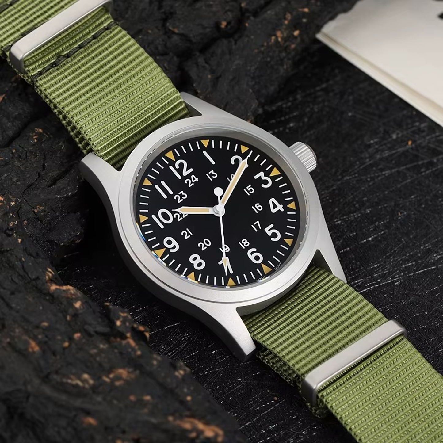 ROLF Astor Classic watch in military green NATO strap with black dial and luminous hands