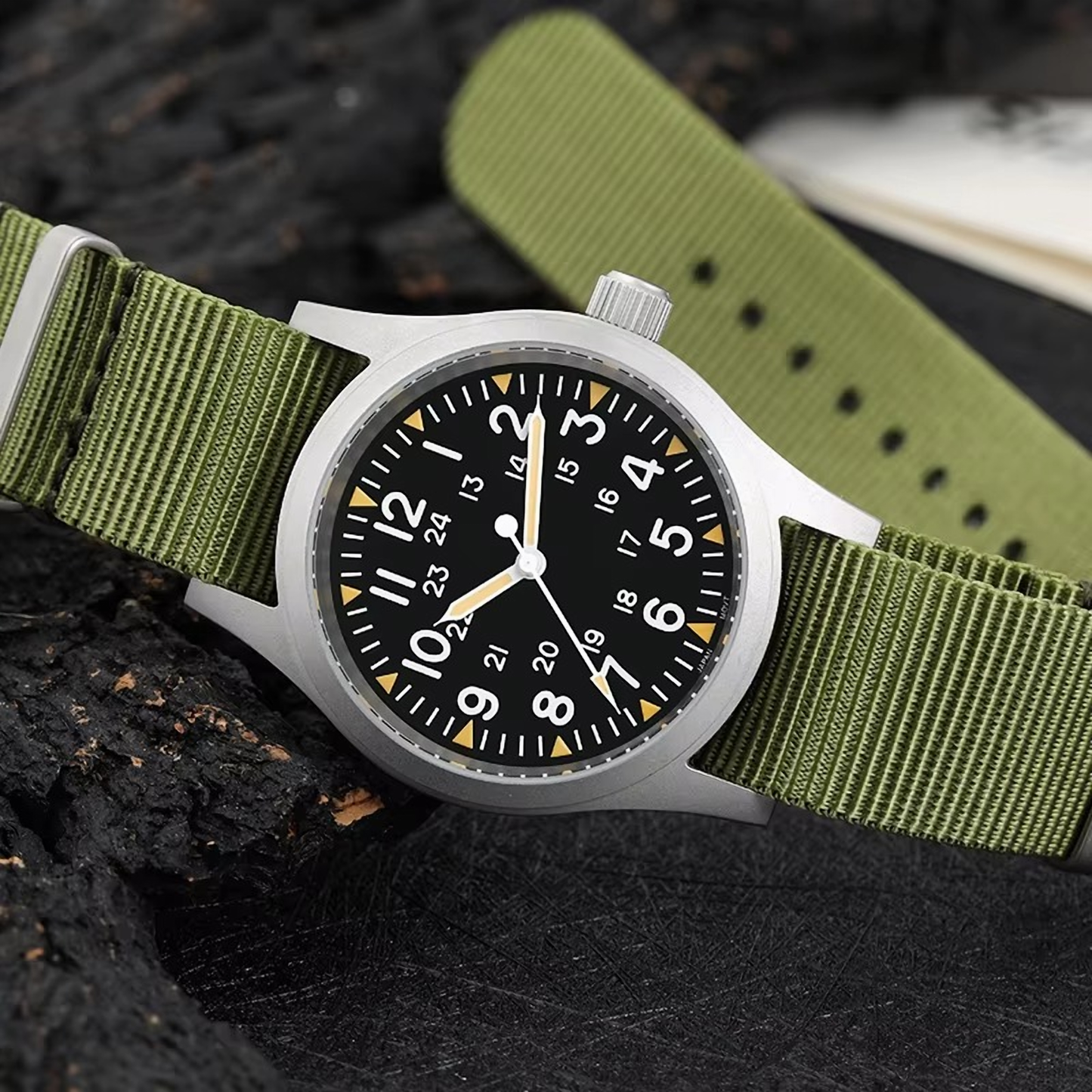 ROLF Astor Classic watch in military green NATO strap with black dial and luminous hands