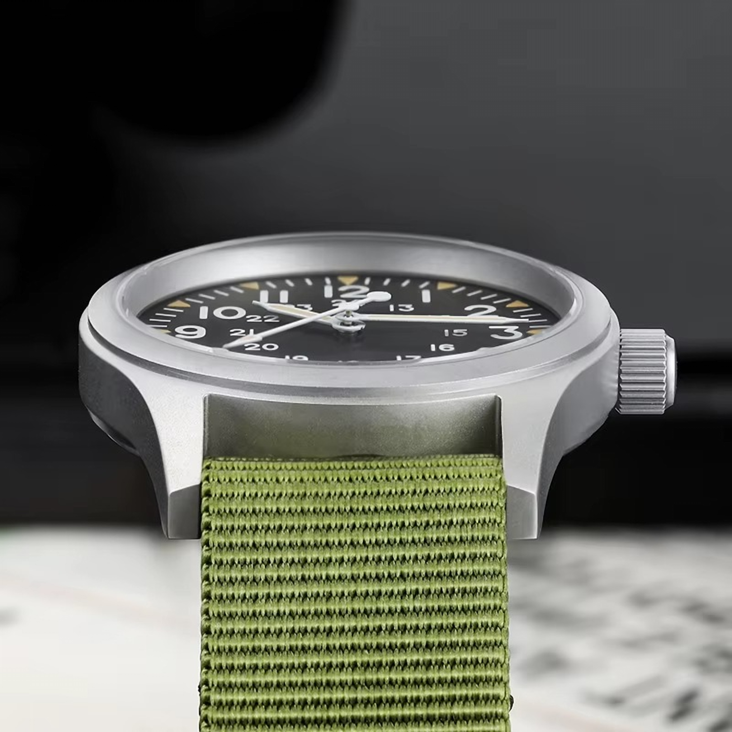 ROLF Astor Classic watch in military green NATO strap with black dial and luminous hands