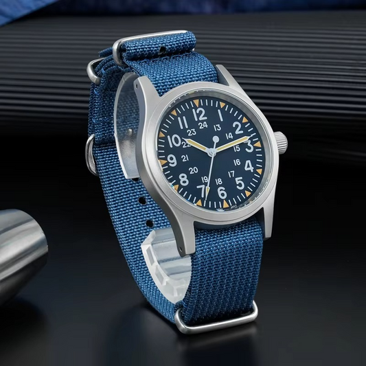 ROLF Astor Ocean Blue men's watch with NATO blue strap and vintage military dial