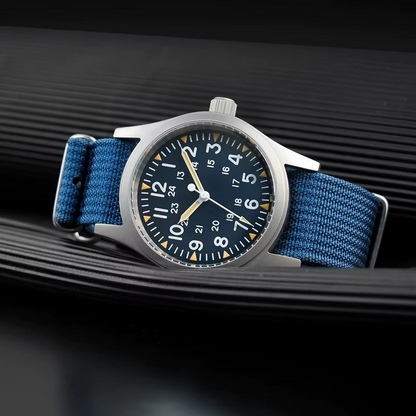 ROLF Astor Ocean Blue men's watch with NATO blue strap and vintage military dial
