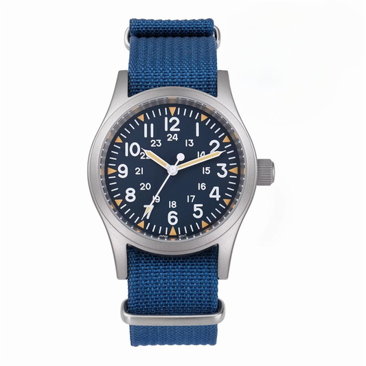 ROLF Astor Ocean Blue men's watch with NATO blue strap and vintage military dial