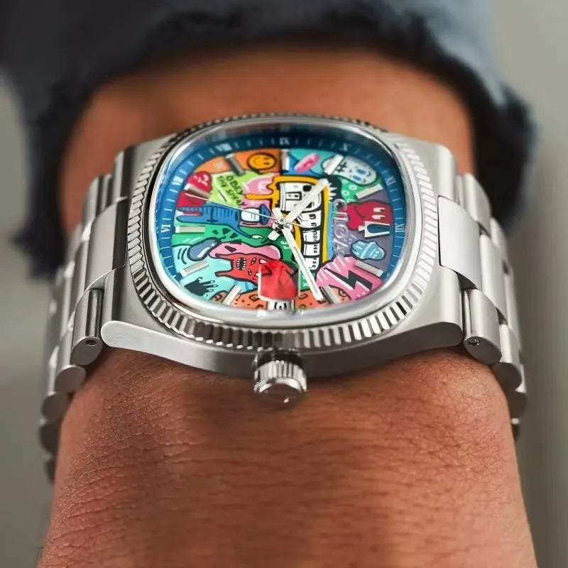 ROLF Wynwood art watch dial close up - colorful street art design